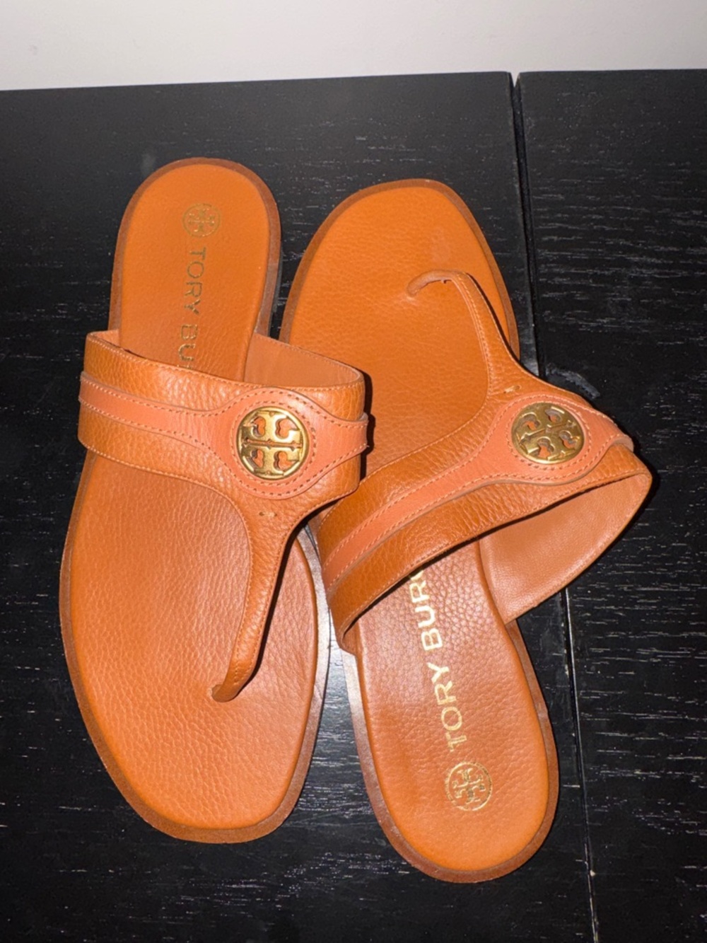 Tory Burch Cognac/Camel Pebbled Leather Flip Flop Sandal